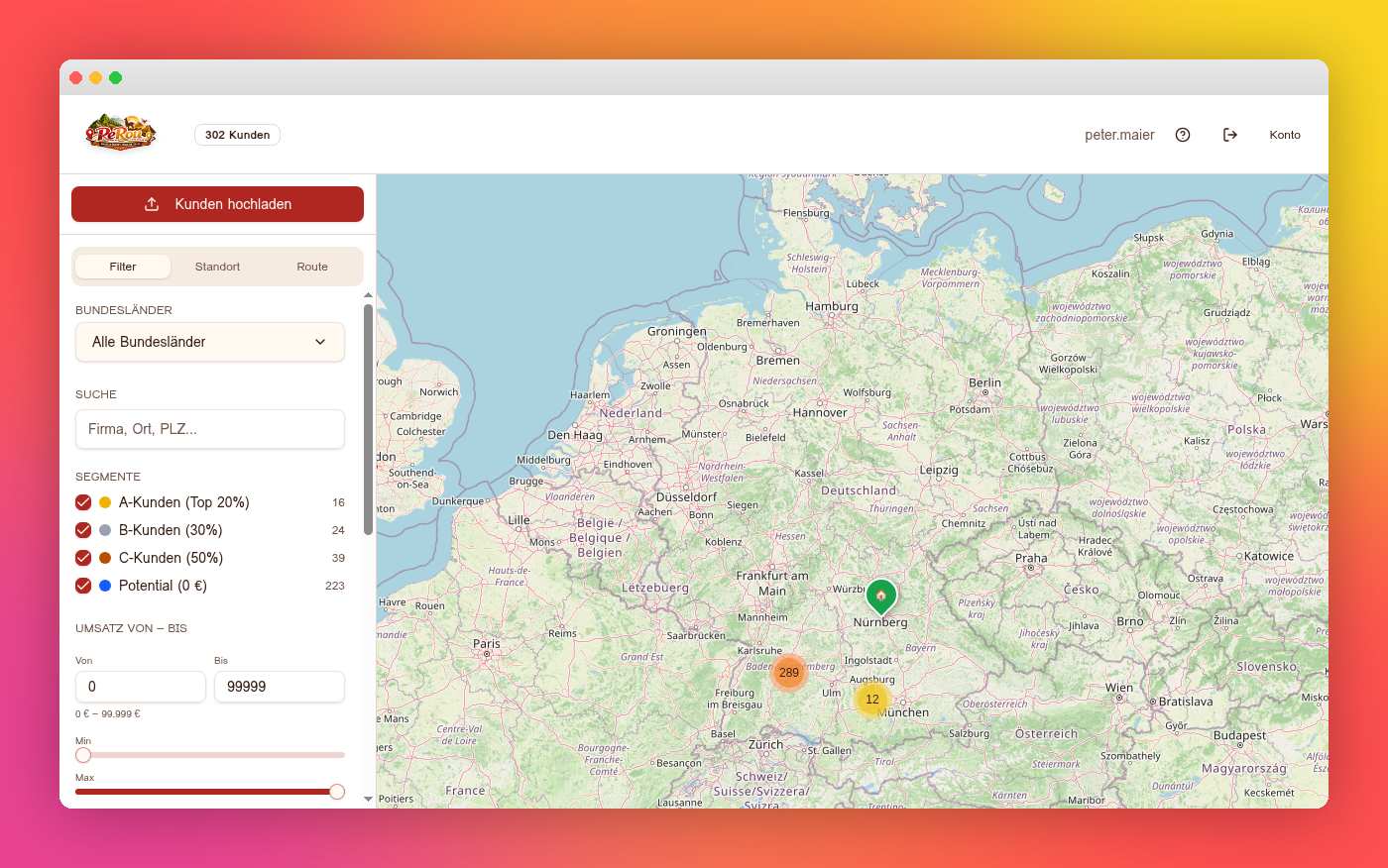 PeRou Dashboard mit Karte, Kundensegmentierung und Tourenplanung
